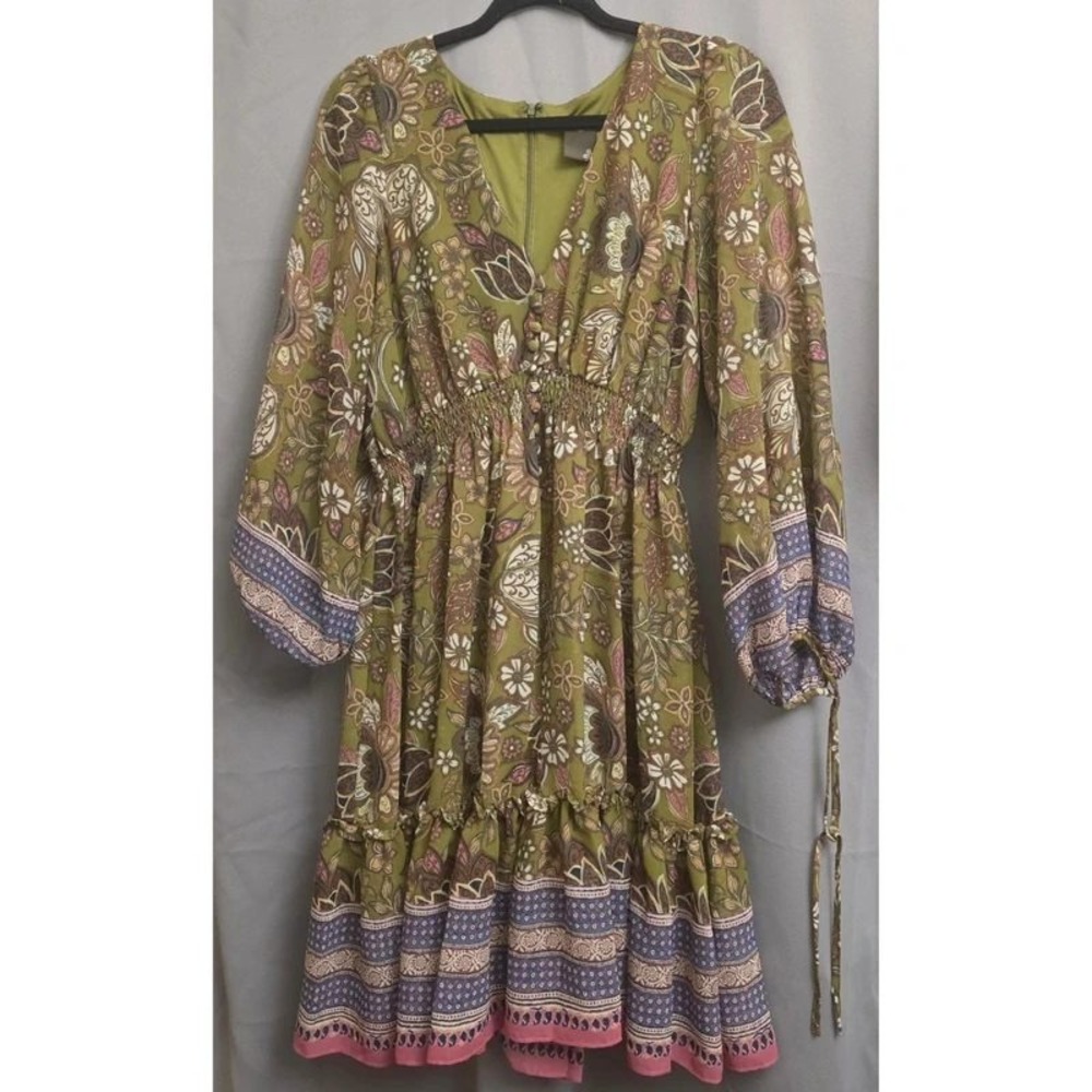 Taylor Olive Green Floral Paisley Boho Dress Smocked Waist Size 10